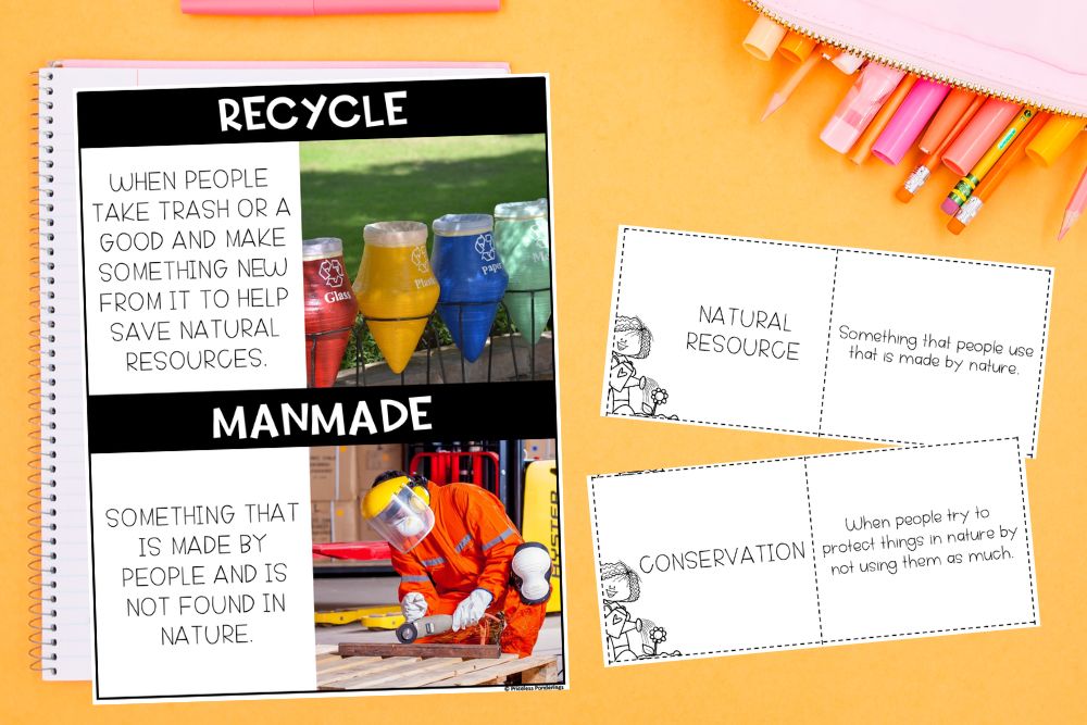 Natural Resources Activities for Kids: 5 Fun Ideas Your Class Will Love A natural resources vocabulary activity showing recycle and manmade definitions with photos, displayed next to two vocabulary cards defining natural resource and conservation, all on an orange background with pink supplies.