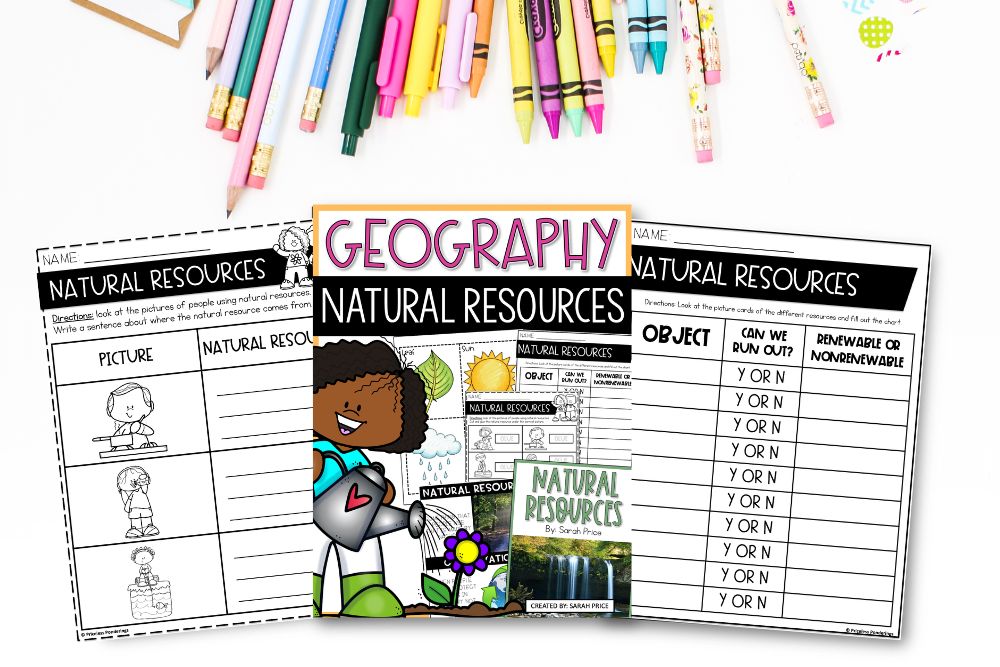 Natural Resources Activities for Kids: 5 Fun Ideas Your Class Will Love Three natural resources worksheets fanned out on a white surface with colorful pencils and markers in the background.