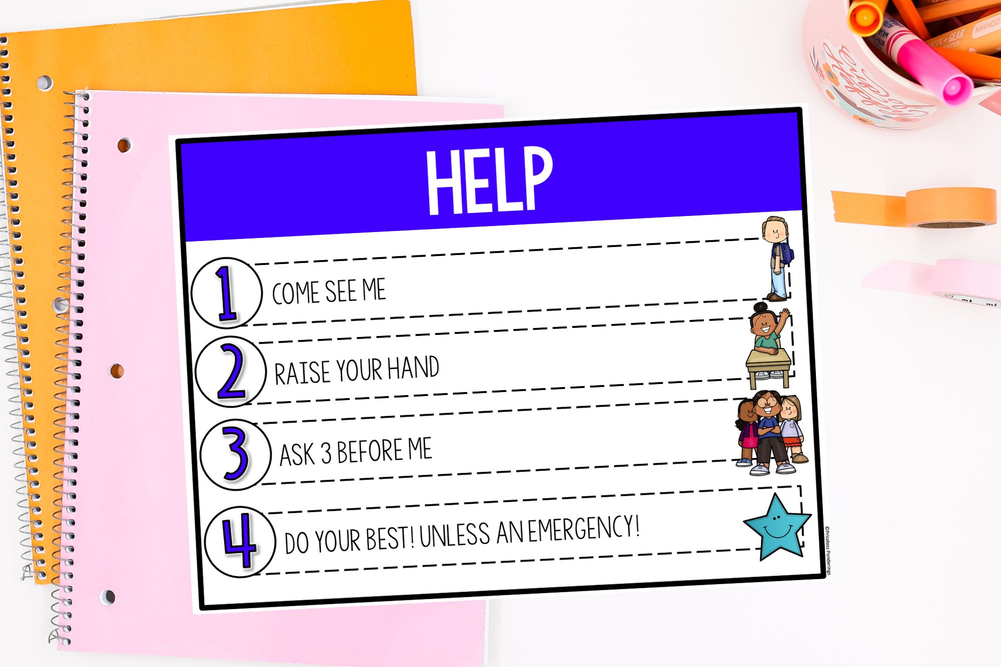 CHAMPS help poster showing 4 different ways students can ask for help for elementary classroom management