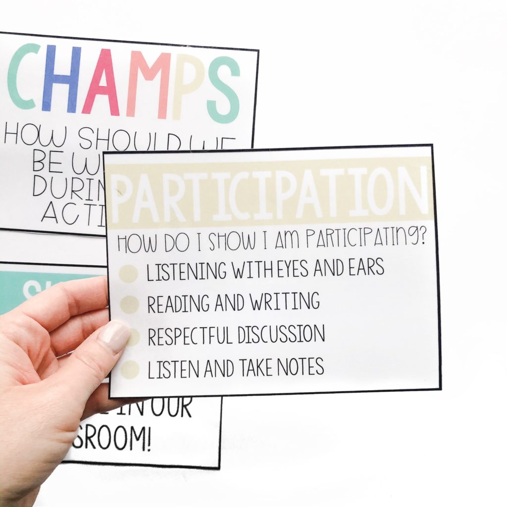 CHAMPS poster showing students how to appropriately participate in class.