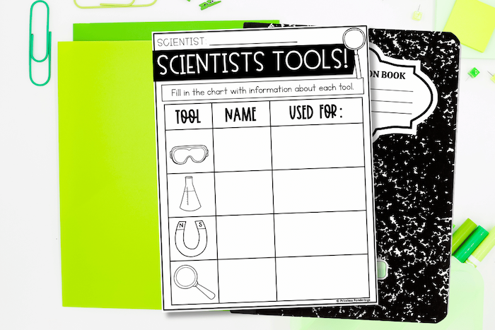 Scientists tools worksheet for beginning of the year science activities, matching goggles, flask, magnet, and magnifying glass to their names and uses