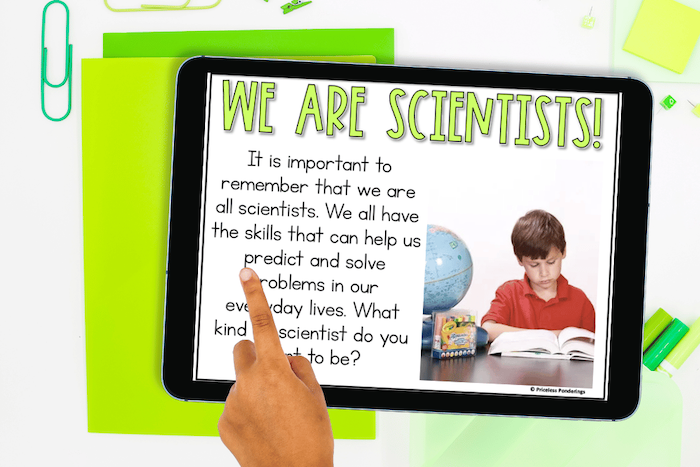 Digital slide from a beginning of the year science activities unit teaching kids that we are all scientists who predict and solve problems