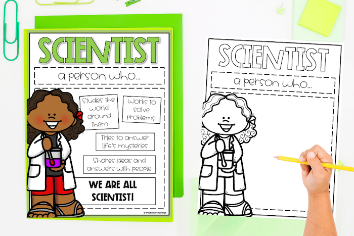 Beginning of the year science activities poster defining what a scientist is, with a matching black and white coloring page