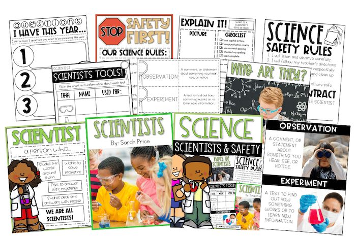Complete beginning of the year science activities unit including scientist posters, science vocabulary activities, safety rules, and scientists tools worksheets