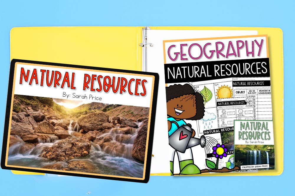 Natural Resources Lesson Plans Kids Will Love A yellow binder opened to show a tablet with a Natural Resources Google Slides cover beside a Geography Natural Resources lesson plans printable unit cover featuring a child with a watering can and waterfall photo, on a light blue background.