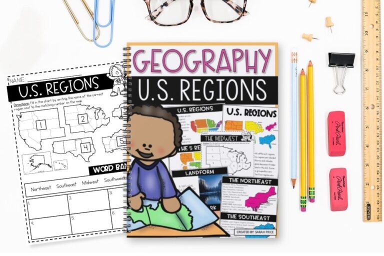 Student resource cover showing Geography US Regions worksheets and activities for elementary classrooms