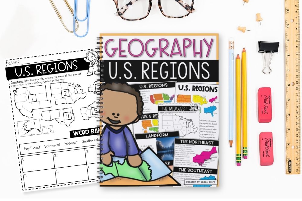 Regions of the United States Worksheets: 5 Low-Prep Activities Student resource cover showing Geography US Regions worksheets and activities for elementary classrooms