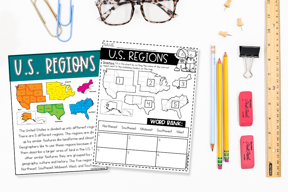 Regions of the United States Worksheets: 5 Low-Prep Activities Southwest region fact sheet and fill in the map worksheet showing states climate and landforms for elementary geography