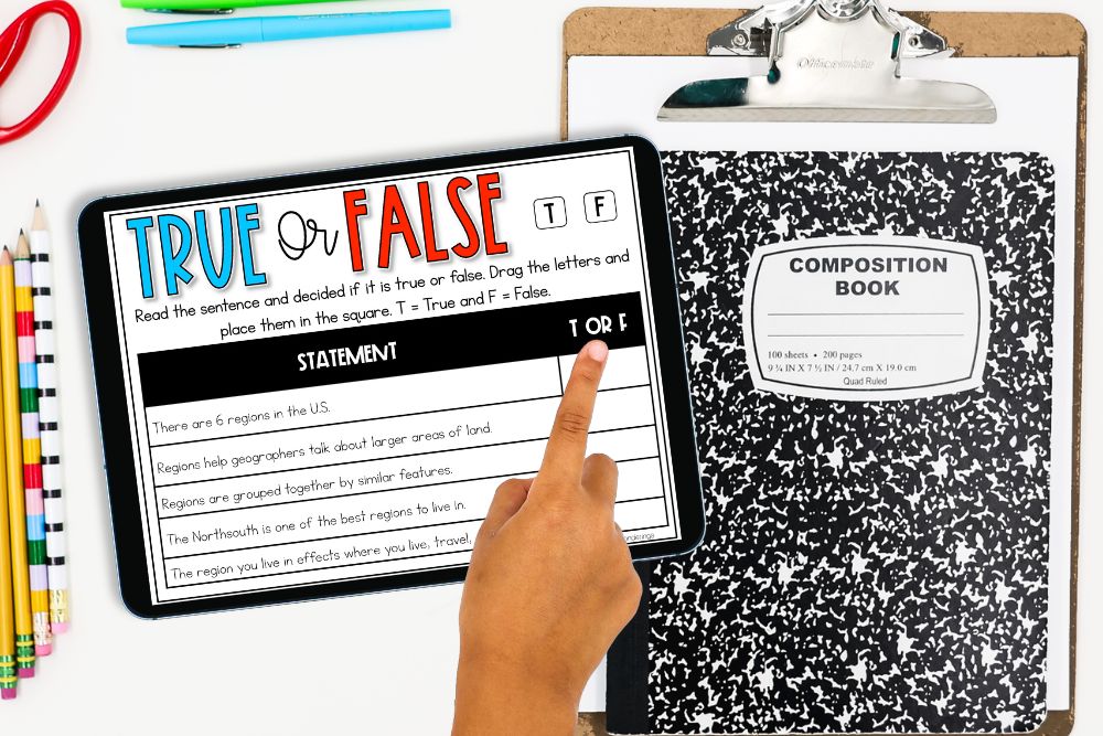 Regions of the United States Worksheets: 5 Low-Prep Activities Student using a true or false digital activity about US regions on a tablet for elementary social studies