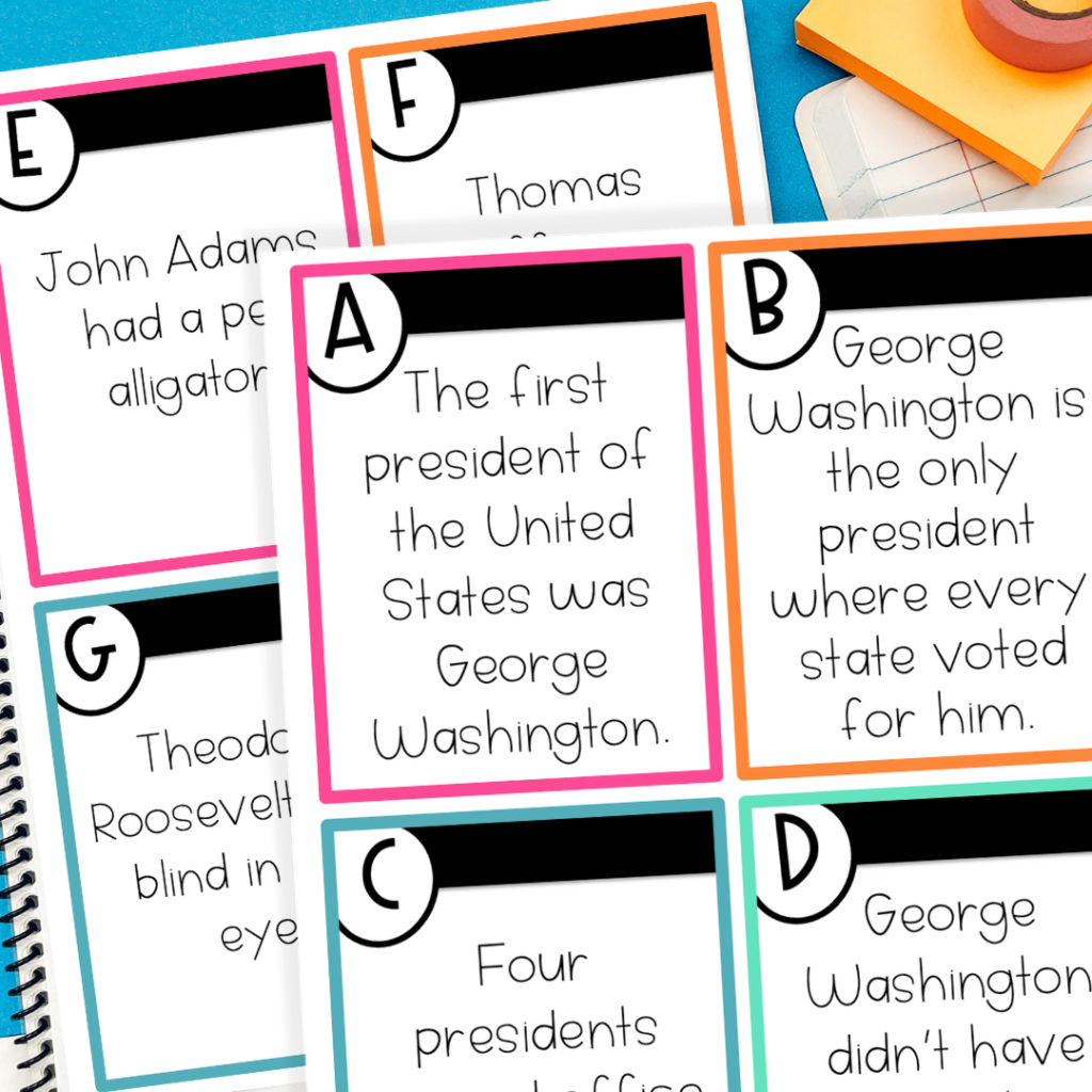 all about presidents of the United States task cards for kids