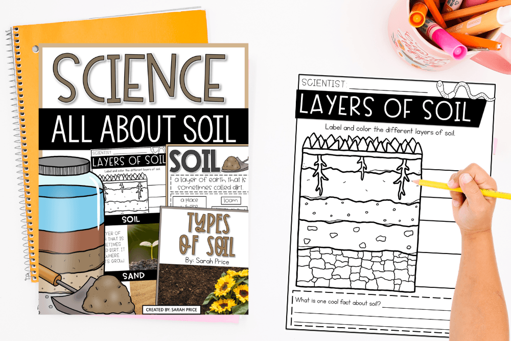 A spiral-bound Science All About Soil notebook cover showing layers of soil, types of soil, and vocabulary cards next to an open Layers of Soil worksheet with a child's hand holding a yellow pencil on a light background with markers in a pink cup.