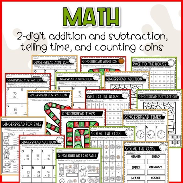 Gingerbread worksheets fdr kids December math and reading activities