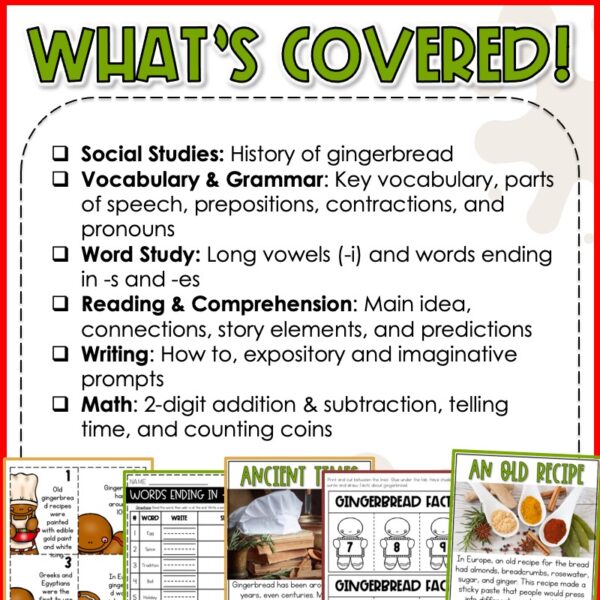 Gingerbread worksheets fdr kids December math and reading activities