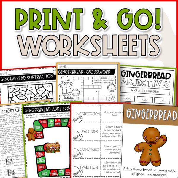 Gingerbread worksheets fdr kids December math and reading activities