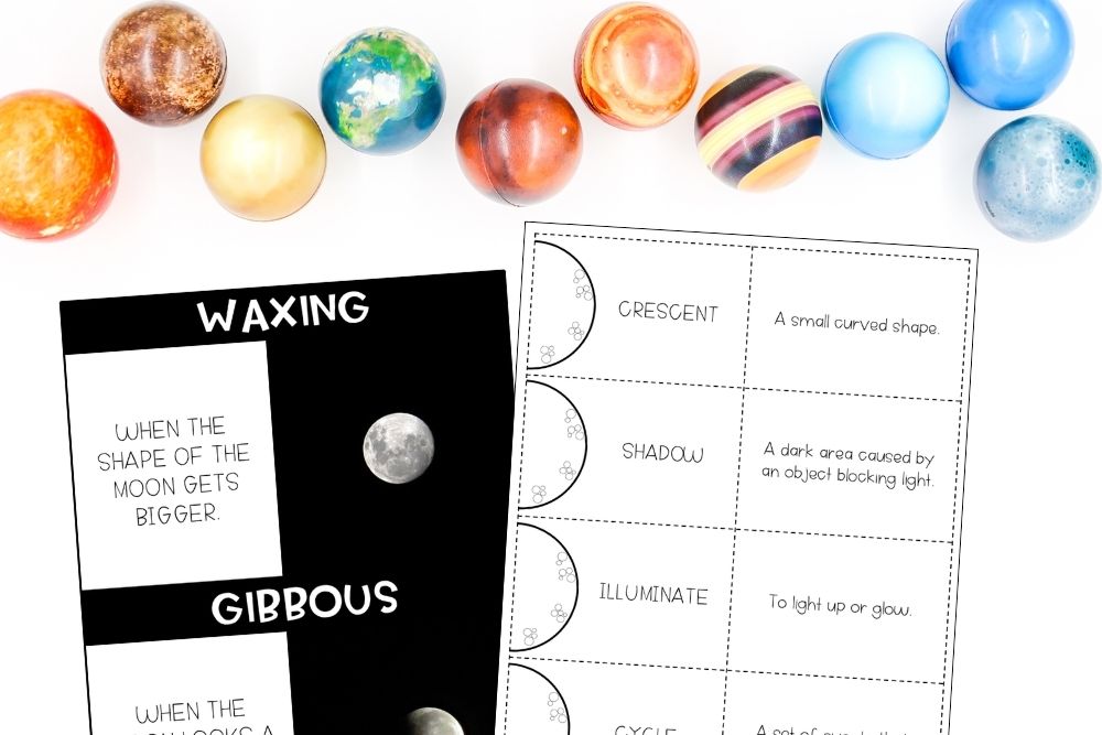 phases of the moon worksheet with vocabulary cards and anchor chart