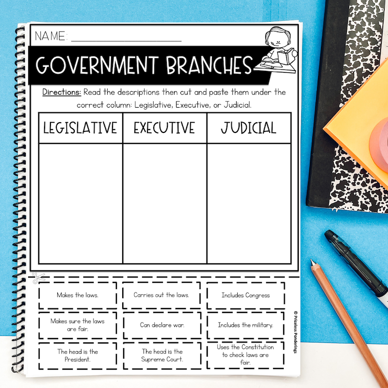 Three Branches of Government Worksheets and matching activity