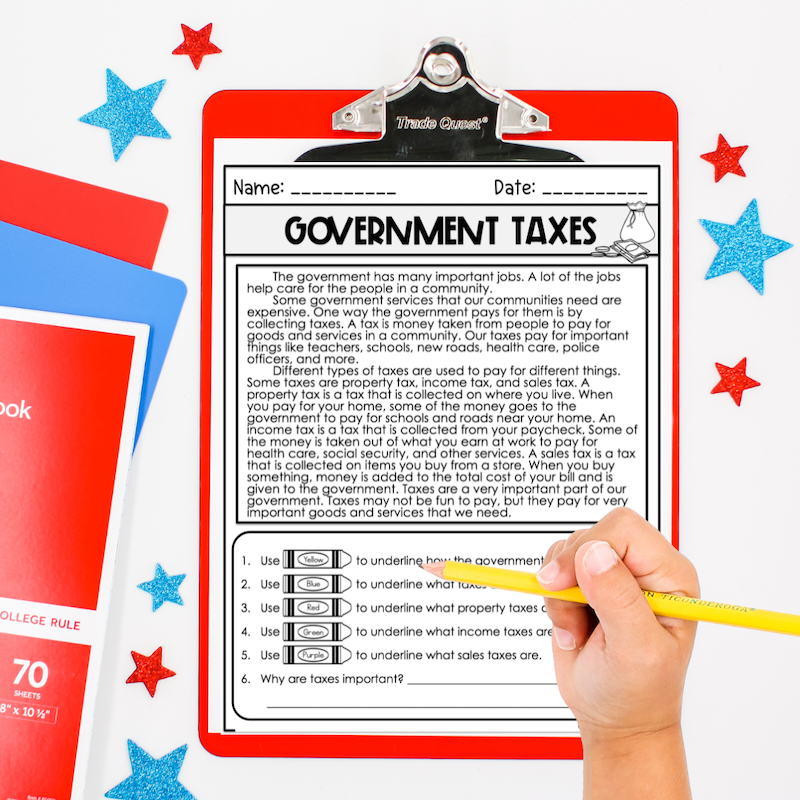 reading comprehension passage types of taxes for kids