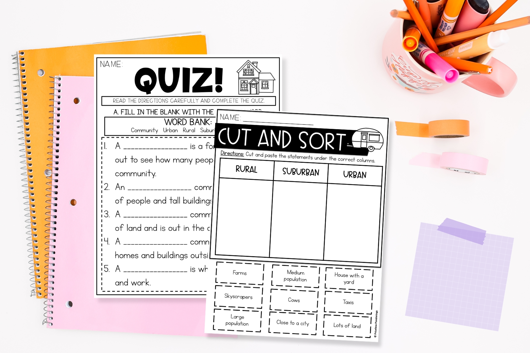 Urban vs Suburban communities: teaching made simple This is a photo of a 3 types of communities cut and sort activities and quiz for 2nd or 3rd graders.
