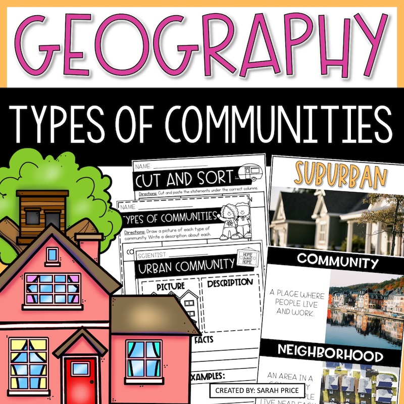 Urban vs Suburban communities: teaching made simple This is a photo of a pack of worksheets and lesson plans that teach 2nd and 3rd graders about 3 types of communities.