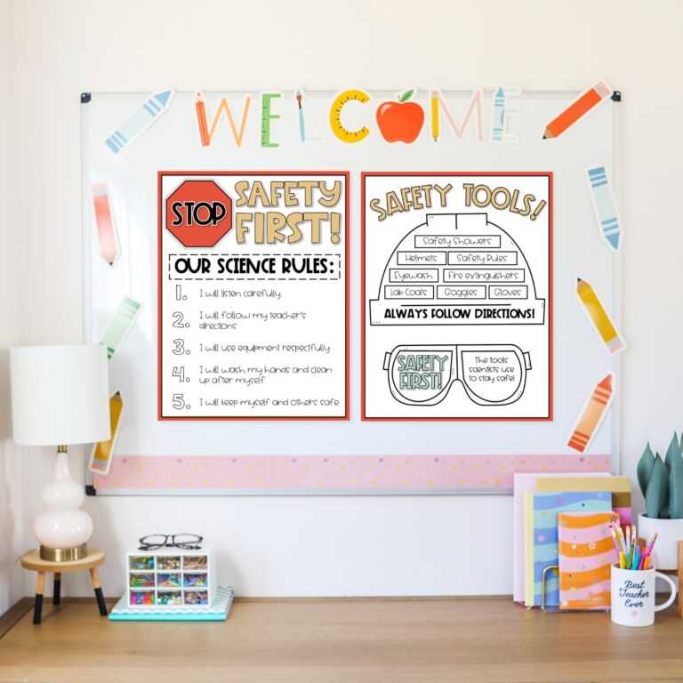 This is a picture of a science safety lab poster displayed on a whiteboard in a colorful classroom, featuring simple science classroom rules and safety tools for students. This is for a blog post that helps teachers come up with ideas to help them teach their class about science rules.