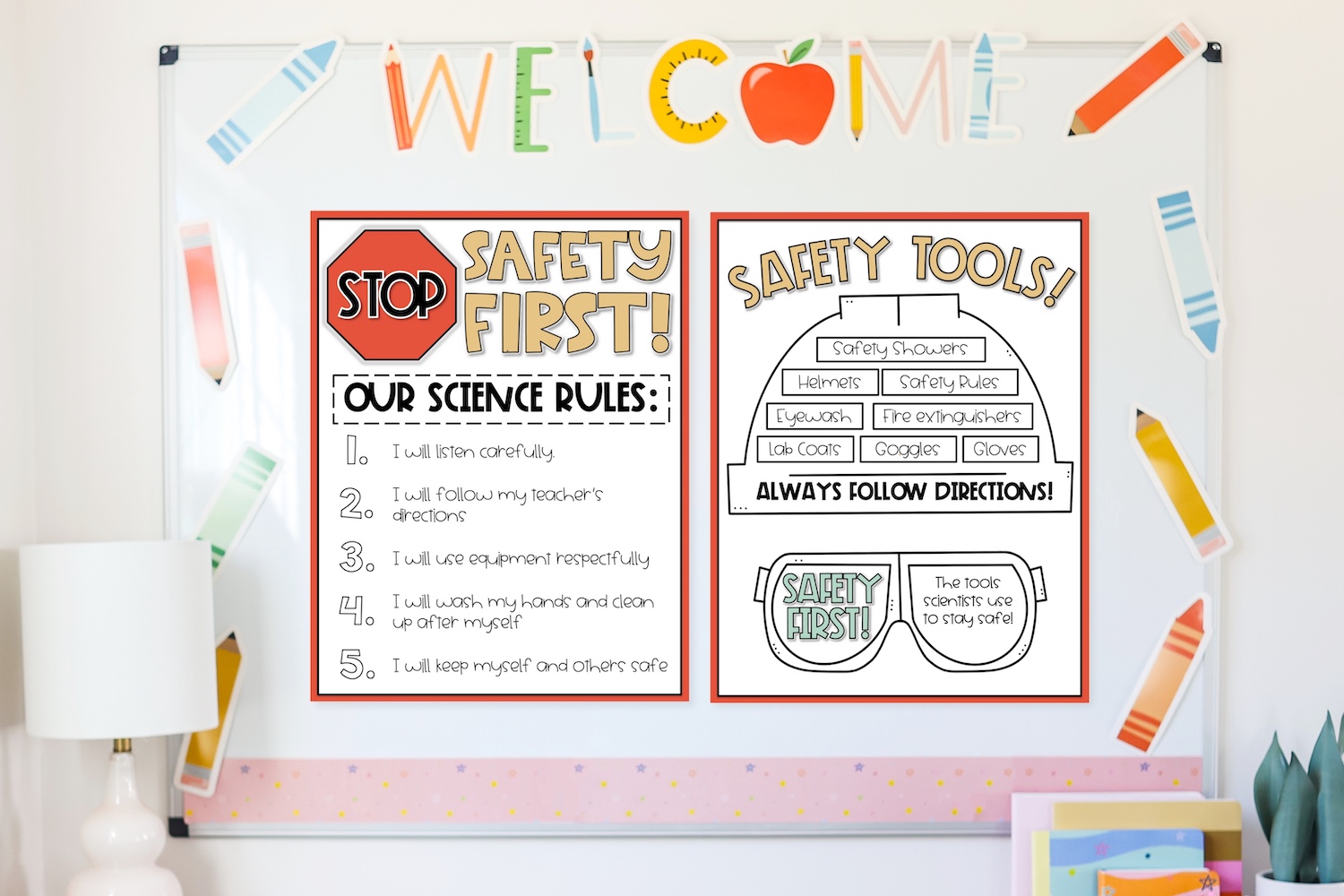 Simple Science Safety Lab Rules: A Guide for Your classroom This is a picture of 2 science safety lab posters displayed on a whiteboard in a colorful classroom, featuring simple science classroom rules and safety tools for students.