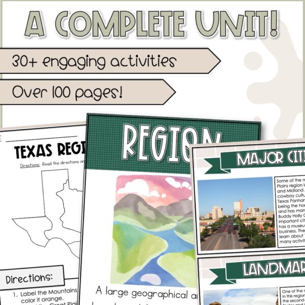 Overview of complete 4th grade Texas Regions Unit featuring over 100 pages and 30+ printable activities for teaching Texas geography and history.