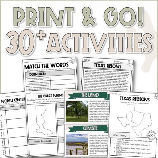 Printable Texas geography worksheets and activities from the 4th grade Texas Regions Unit, including reading passages, maps, and landform exercises.