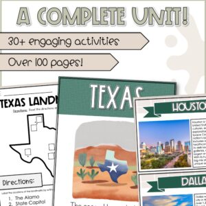 4th grade Texas cities and landmarks unit 1 Texas Cities and Landmarks Unit preview showing over 100 pages of engaging 4th grade Texas History activities, including maps, posters, and city facts.
