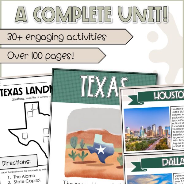 Texas Cities and Landmarks Unit preview showing over 100 pages of engaging 4th grade Texas History activities, including maps, posters, and city facts.