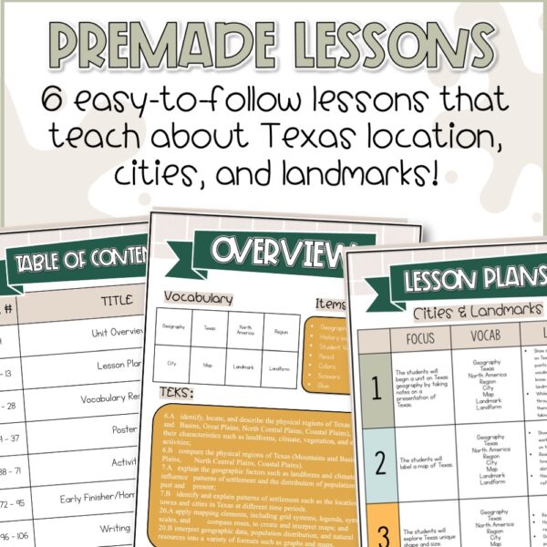 Preview of premade lesson plans and TEKS alignment from the 4th grade Texas Cities and Landmarks Unit, covering geography, cities, and historical sites.