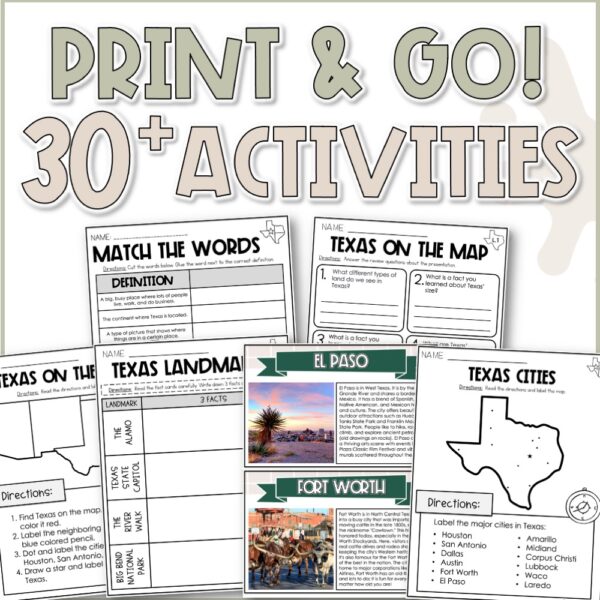 Print-and-go worksheets from the 4th grade Texas Cities and Landmarks Unit featuring map activities, city facts, vocabulary, and student writing pages.