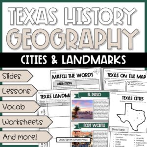 Cover image for 4th grade Texas Cities and Landmarks Unit with printable 4th Grade Geography Worksheets, TEKS-aligned lessons, and interactive social studies activities.