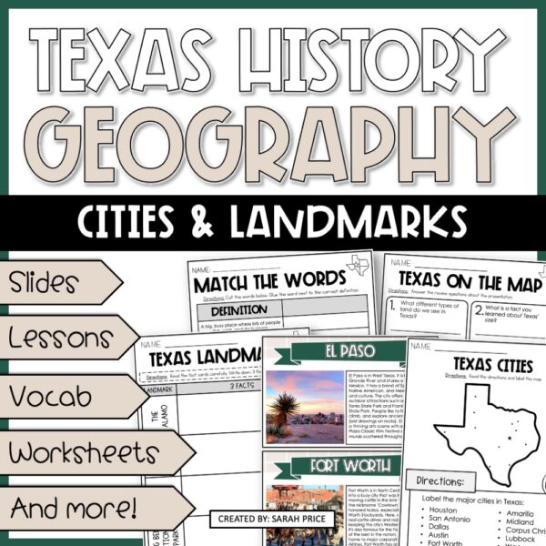 Cover image for 4th grade Texas Cities and Landmarks Unit with printable 4th Grade Geography Worksheets, TEKS-aligned lessons, and interactive social studies activities.