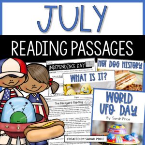 July reading comprehension packet for kids. engaging passages about World UFO Day, Fourth of July, and National Hot Dog Day. Fun and educational for 2nd–3rd grade students.