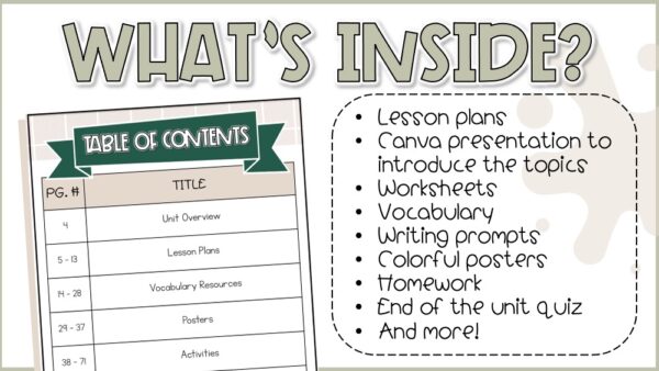 Table of contents from 4th grade Texas Cities and Landmarks Unit showing lesson plans, vocabulary resources, posters, worksheets, and quizzes.