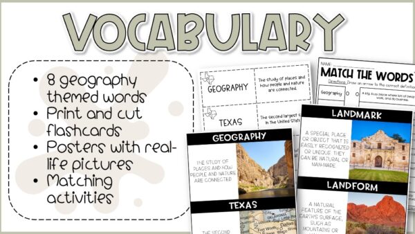 Preview of Texas Cities and Landmarks Canva slide deck for 4th grade Texas history unit, featuring student-friendly note-taking and map visuals.