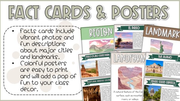 Vocabulary activities from the 4th grade Texas Cities and Landmarks Unit with matching cards, real-photo posters, and printable geography terms.