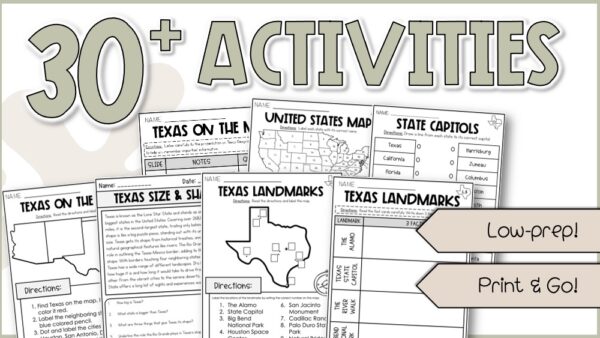 Printable Texas cities and landmarks fact cards and posters for 4th Grade Geography Worksheets, featuring El Paso, The Alamo, and Palo Duro State Park.