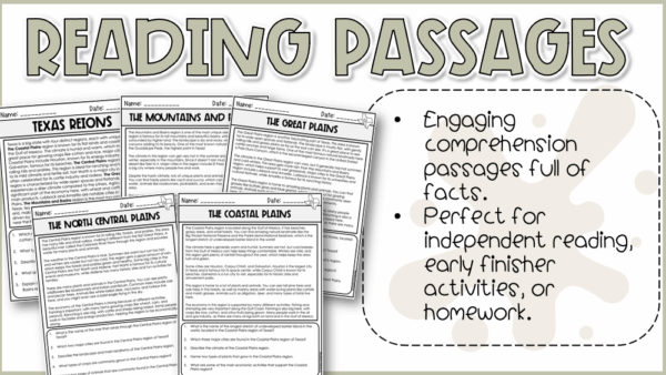 This is an image of Printable reading passages from the 4th grade Texas Regions Unit covering the four regions of Texas with comprehension questions for student learning.