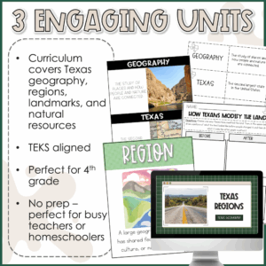 Overview of three Texas geography units covering regions, landmarks, and resources with student worksheet previews and digital Canva slide example.