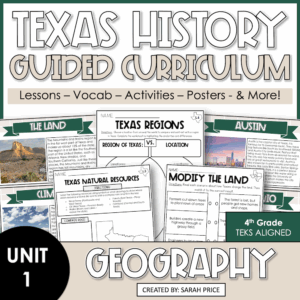 Preview of Texas Geography 4th grade unit showing ‘No Prep Lessons’ banner with 18 lesson plans and 300+ pages, including sample lesson plan, vocabulary chart, and TEKS objectives.