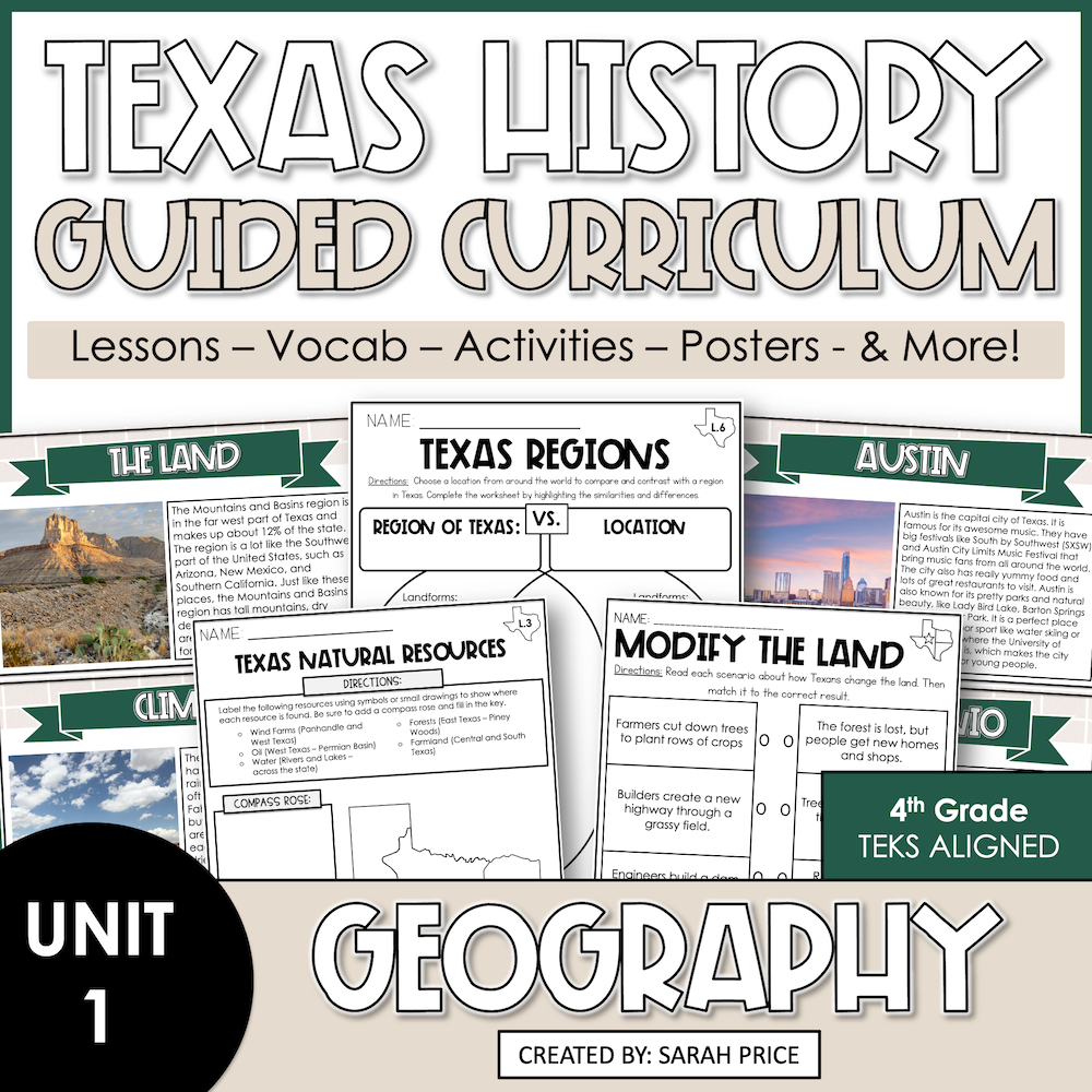 Preview of Texas Geography 4th grade unit showing ‘No Prep Lessons’ banner with 18 lesson plans and 300+ pages, including sample lesson plan, vocabulary chart, and TEKS objectives.