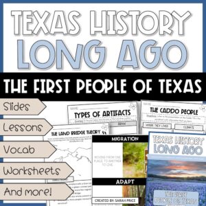 Cover image for Texas Indigenous Peoples Unit featuring worksheets, vocabulary cards, and lesson slides for teaching Texas Native American groups in 4th grade.