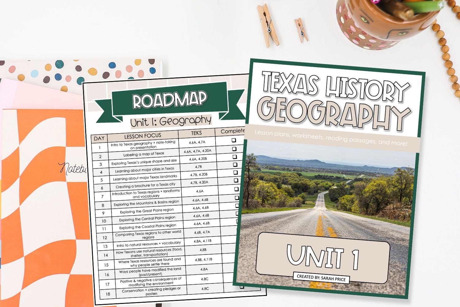 A flatlay picture of a 4th grade Texas TEKS Social Studies Geography curriculum unit including a roadmap and cover showing lesson plans for teaching regions of Texas, cities, landmarks, and natural resources.