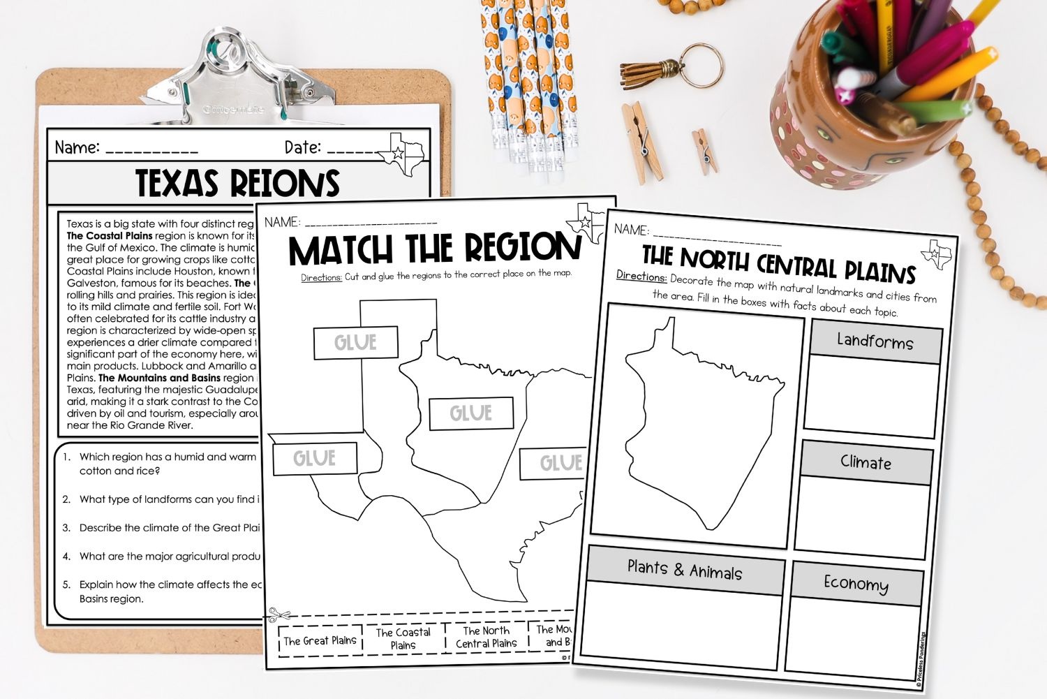 A picture of a printable Texas geography worksheet set for 4th grade TEKS Social Studies showing physical regions, landforms, climate, vegetation, and economy with cut-and-glue map activity