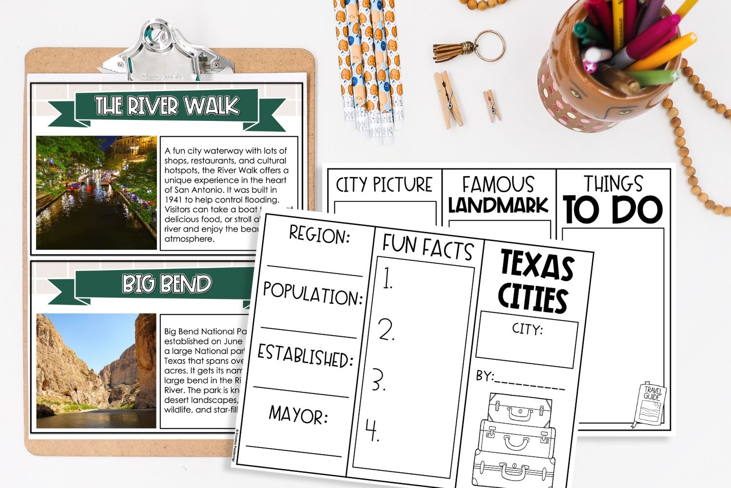 A picture of a Texas TEKS Social Studies activity for teaching cities and landmarks in 4th grade, including River Walk and Big Bend reading passages and a fill-in-the-blank Texas cities research project.